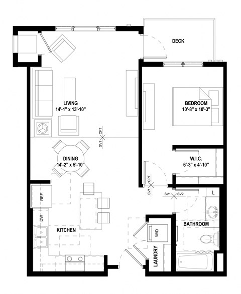 Unit A3, 797 square foot one bedroom floorplan at Compass Pointe Apartments in New Hope, MN.